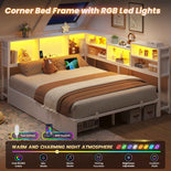 DICTAC | Corner Bed Frame with Storage Drawers, Bookcase Headboard, LED Lights & Charging Station for Kids and Teens - White