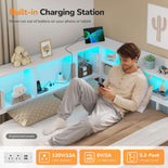 DICTAC | Corner Bed Frame with Storage Drawers, Bookcase Headboard, LED Lights & Charging Station for Kids and Teens - White