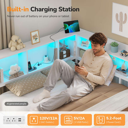 DICTAC | Corner Bed Frame with Storage Drawers, Bookcase Headboard, LED Lights & Charging Station for Kids and Teens, White
