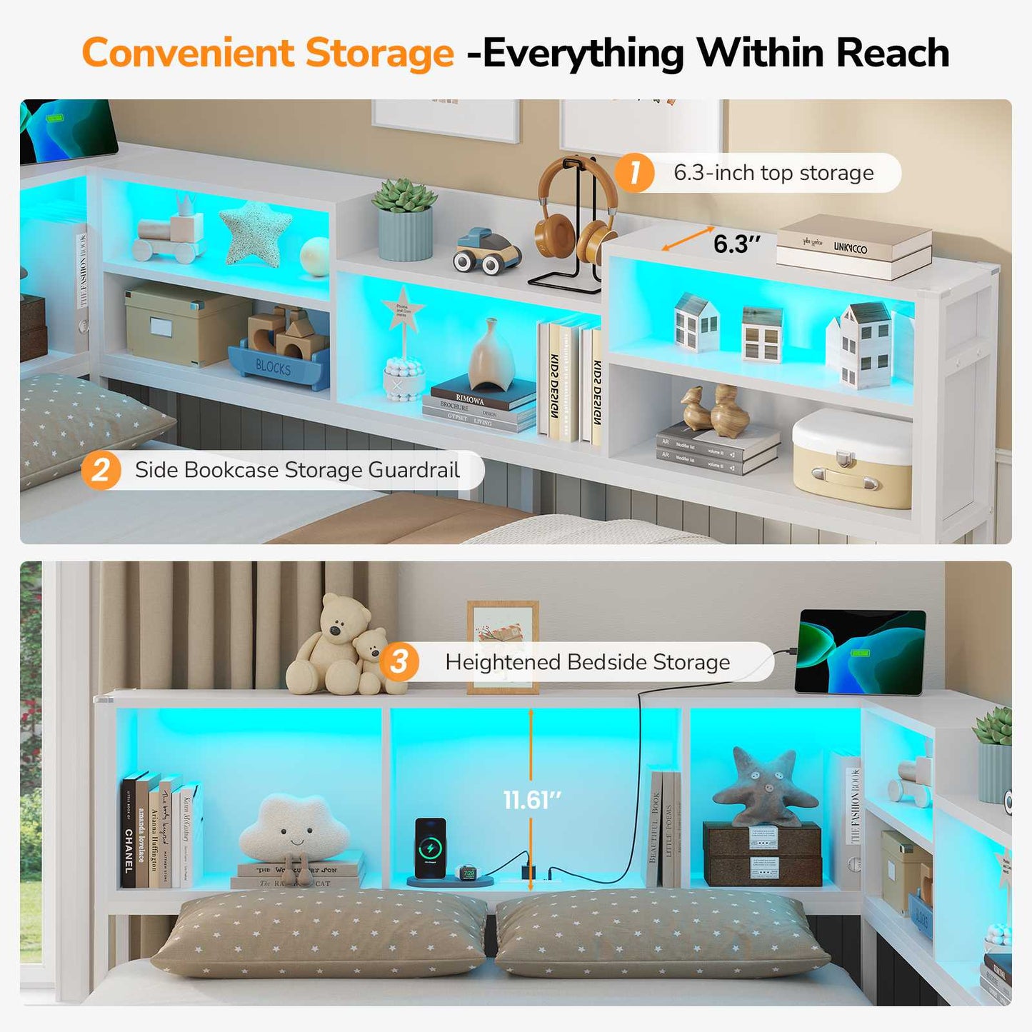DICTAC | Corner Bed Frame with Storage Drawers, Bookcase Headboard, LED Lights & Charging Station for Kids and Teens, White