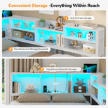 DICTAC | Corner Bed Frame with Storage Drawers, Bookcase Headboard, LED Lights & Charging Station for Kids and Teens - White