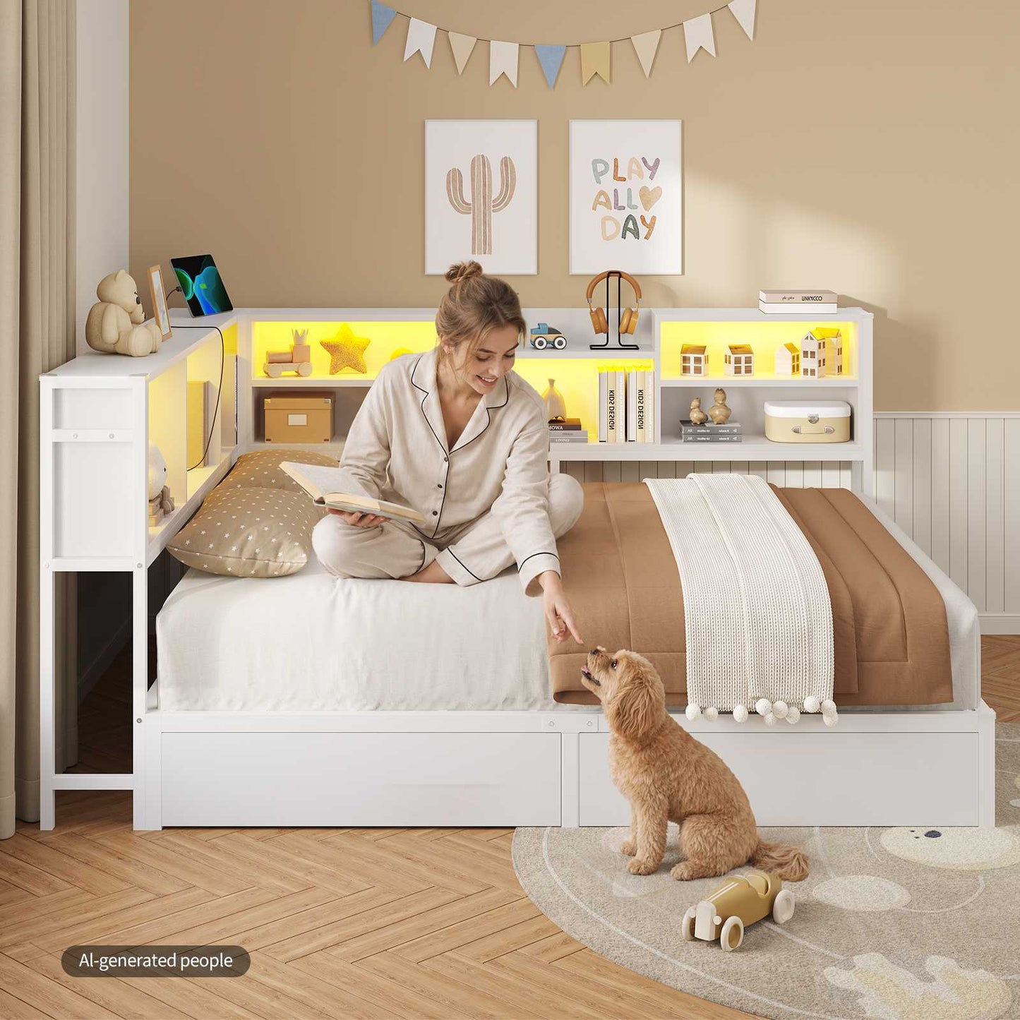 DICTAC | Corner Bed Frame with Storage Drawers, Bookcase Headboard, LED Lights & Charging Station for Kids and Teens, White