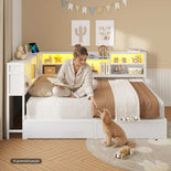 DICTAC | Corner Bed Frame with Storage Drawers, Bookcase Headboard, LED Lights & Charging Station for Kids and Teens - White