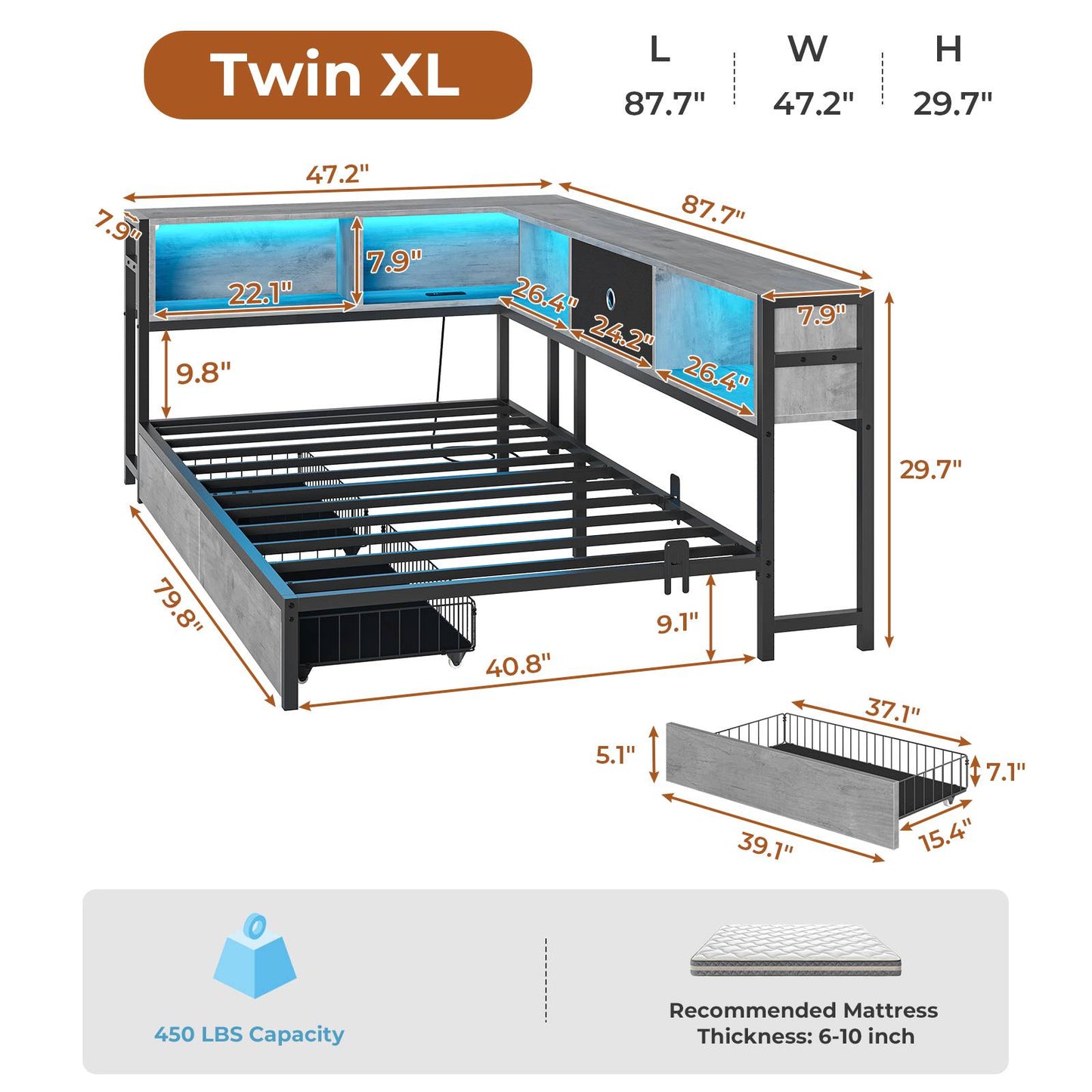 DICTAC | Twin Corner Bed Frame with Storage, Bookcase Headboard, LED Lights & Charging Station – Metal Daybed with Drawers for Kids & Teens (Oak Gray)