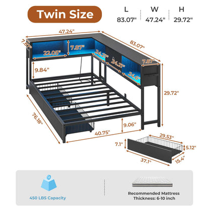 DICTAC | Twin Corner Bed Frame with Storage, Bookcase Headboard, LED Lights & Charging Station – Metal Daybed with Drawers for Kids & Teens (Black)