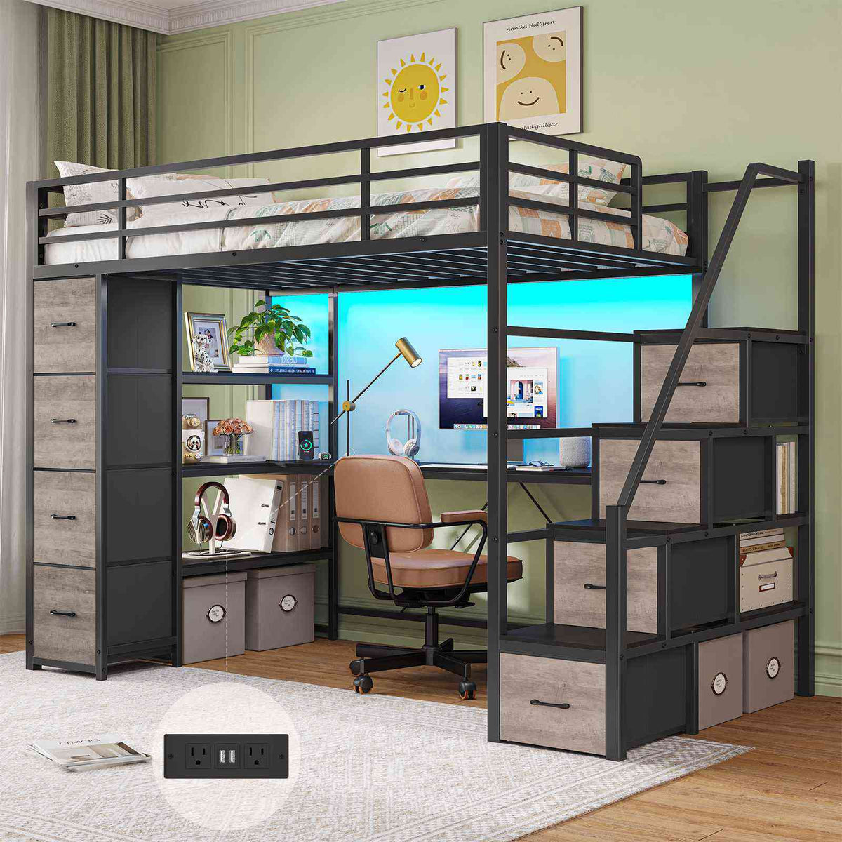 DICTAC | Twin Loft Bed with Storage Stairs, L-Shaped Desk, LED Lights & 8 Drawers for Kids and Teens