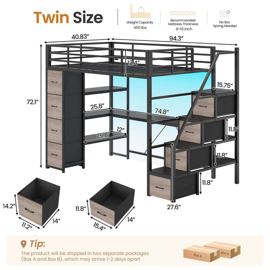 DICTAC | Twin Loft Bed with Storage Stairs, L-Shaped Desk, LED Lights & 8 Drawers for Kids and Teens