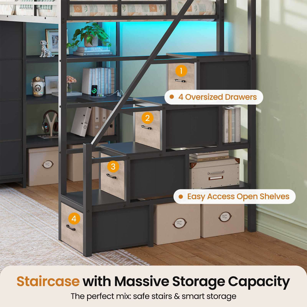 DICTAC | Twin Loft Bed with Storage Stairs, L-Shaped Desk, LED Lights & 8 Drawers for Kids and Teens