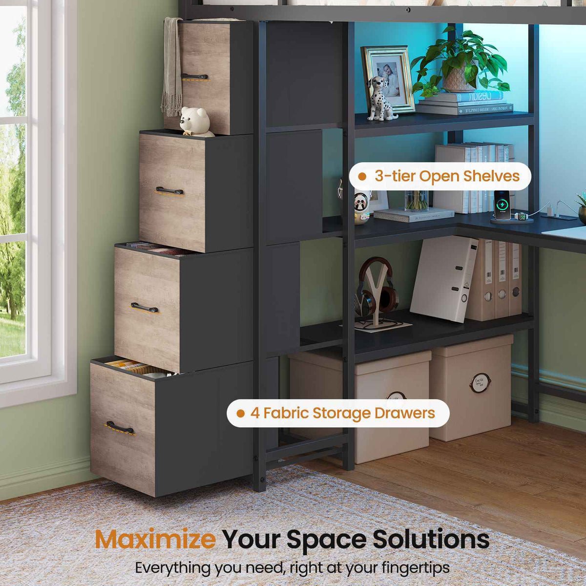 DICTAC | Twin Loft Bed with Storage Stairs, L-Shaped Desk, LED Lights & 8 Drawers for Kids and Teens