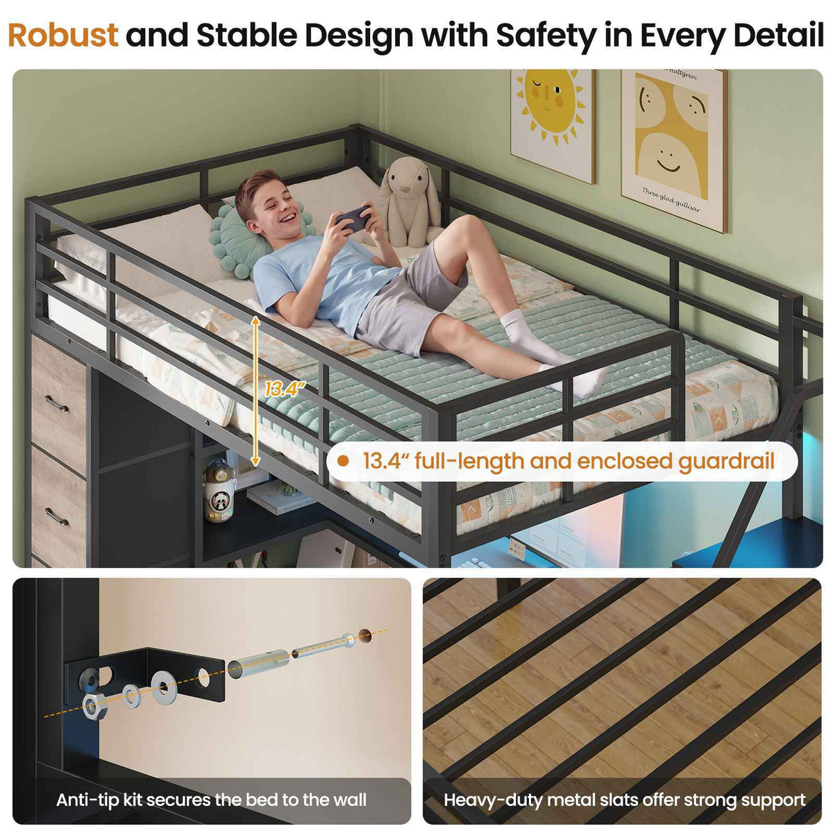 DICTAC | Twin Loft Bed with Storage Stairs, L-Shaped Desk, LED Lights & 8 Drawers for Kids and Teens