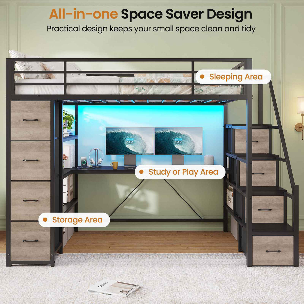 DICTAC | Twin Loft Bed with Storage Stairs, L-Shaped Desk, LED Lights & 8 Drawers for Kids and Teens