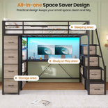 DICTAC | Twin Loft Bed with Storage Stairs, L-Shaped Desk, LED Lights & 8 Drawers for Kids and Teens
