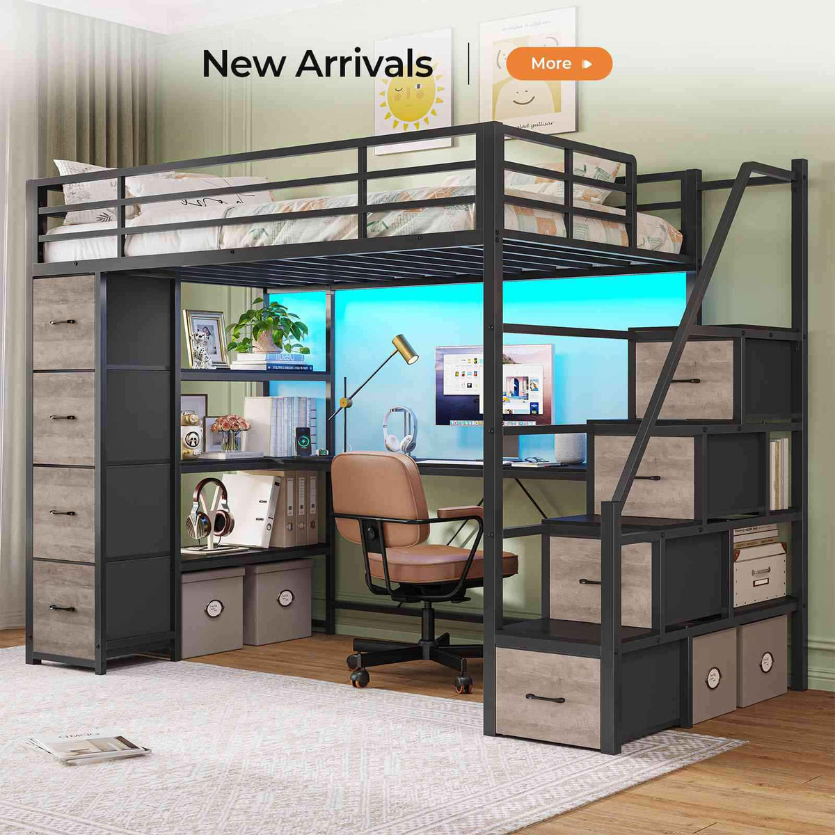 DICTAC | Twin Loft Bed with Storage Stairs, L-Shaped Desk, LED Lights & 8 Drawers for Kids and Teens
