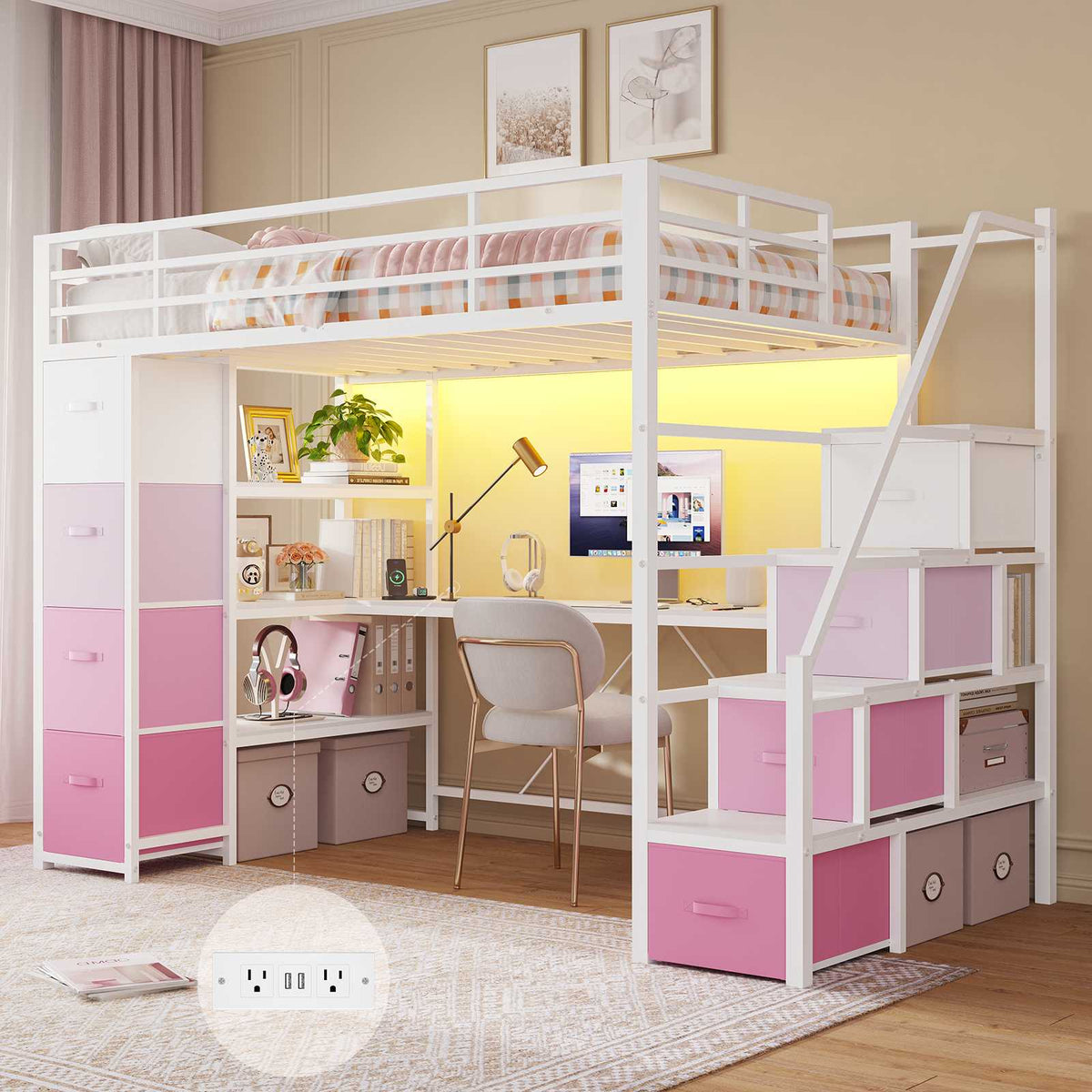 DICTAC | Twin Loft Bed with Storage Stairs, L-Shaped Desk, LED Lights & 8 Drawers for Kids and Teens