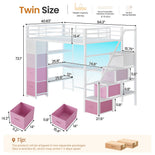 DICTAC | Twin Loft Bed with Storage Stairs, L-Shaped Desk, LED Lights & 8 Drawers for Kids and Teens