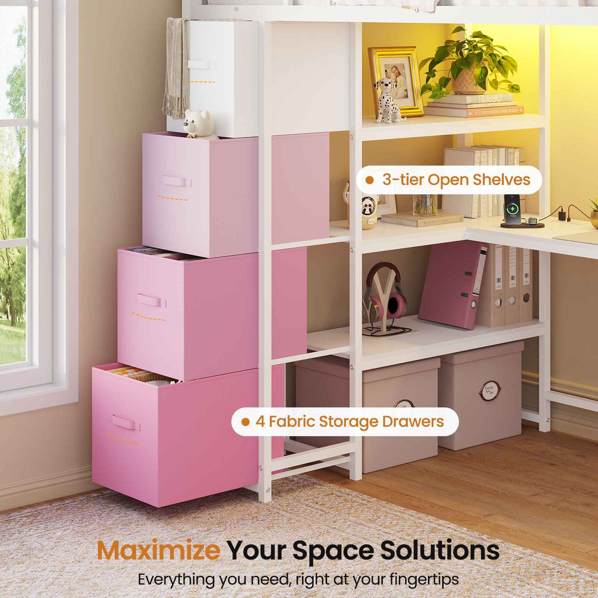 DICTAC | Twin Loft Bed with Storage Stairs, L-Shaped Desk, LED Lights & 8 Drawers for Kids and Teens