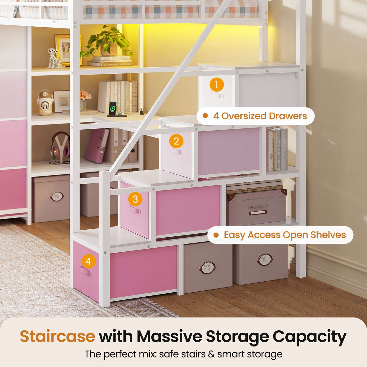 DICTAC | Twin Loft Bed with Storage Stairs, L-Shaped Desk, LED Lights & 8 Drawers for Kids and Teens