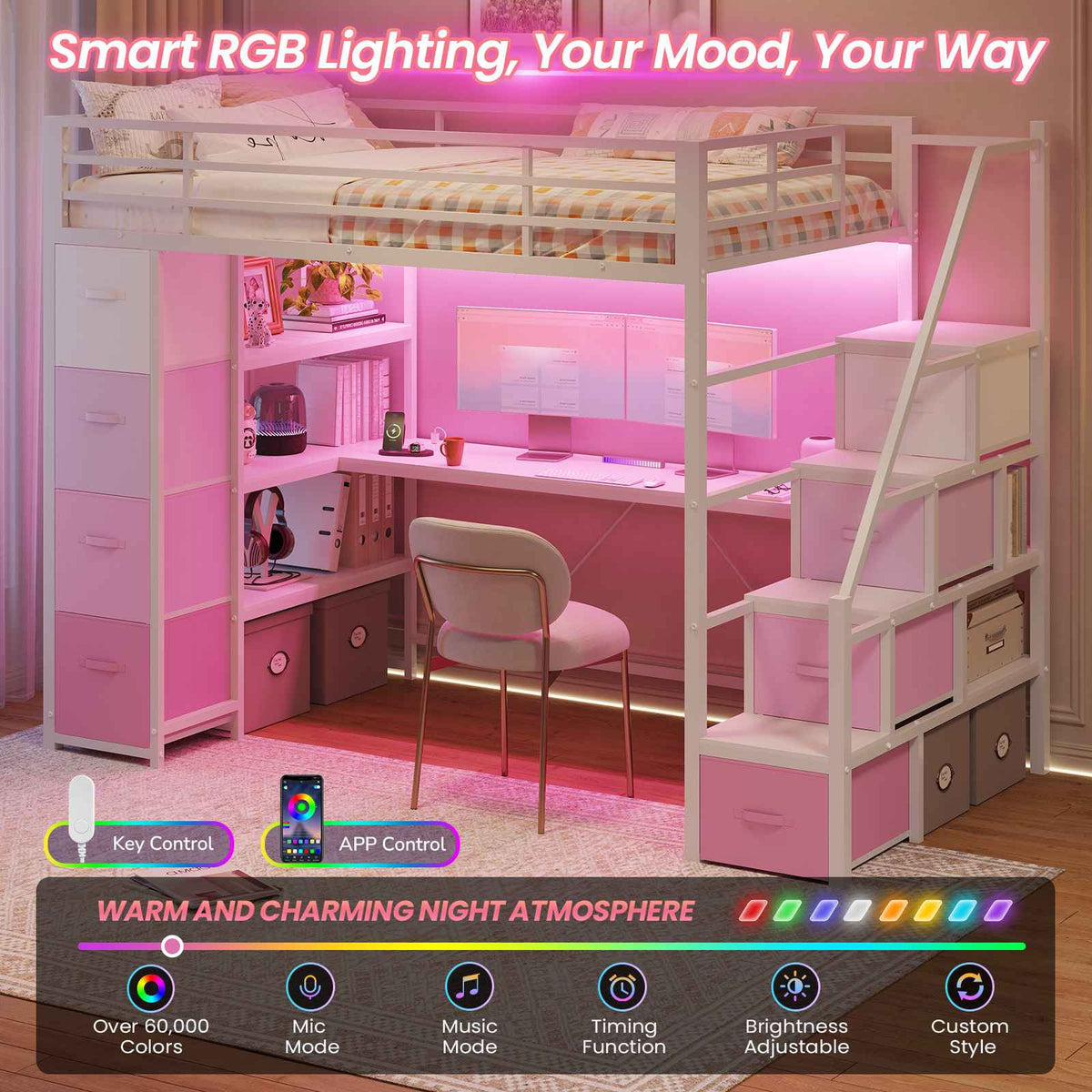 DICTAC | Twin Loft Bed with Storage Stairs, L-Shaped Desk, LED Lights & 8 Drawers for Kids and Teens