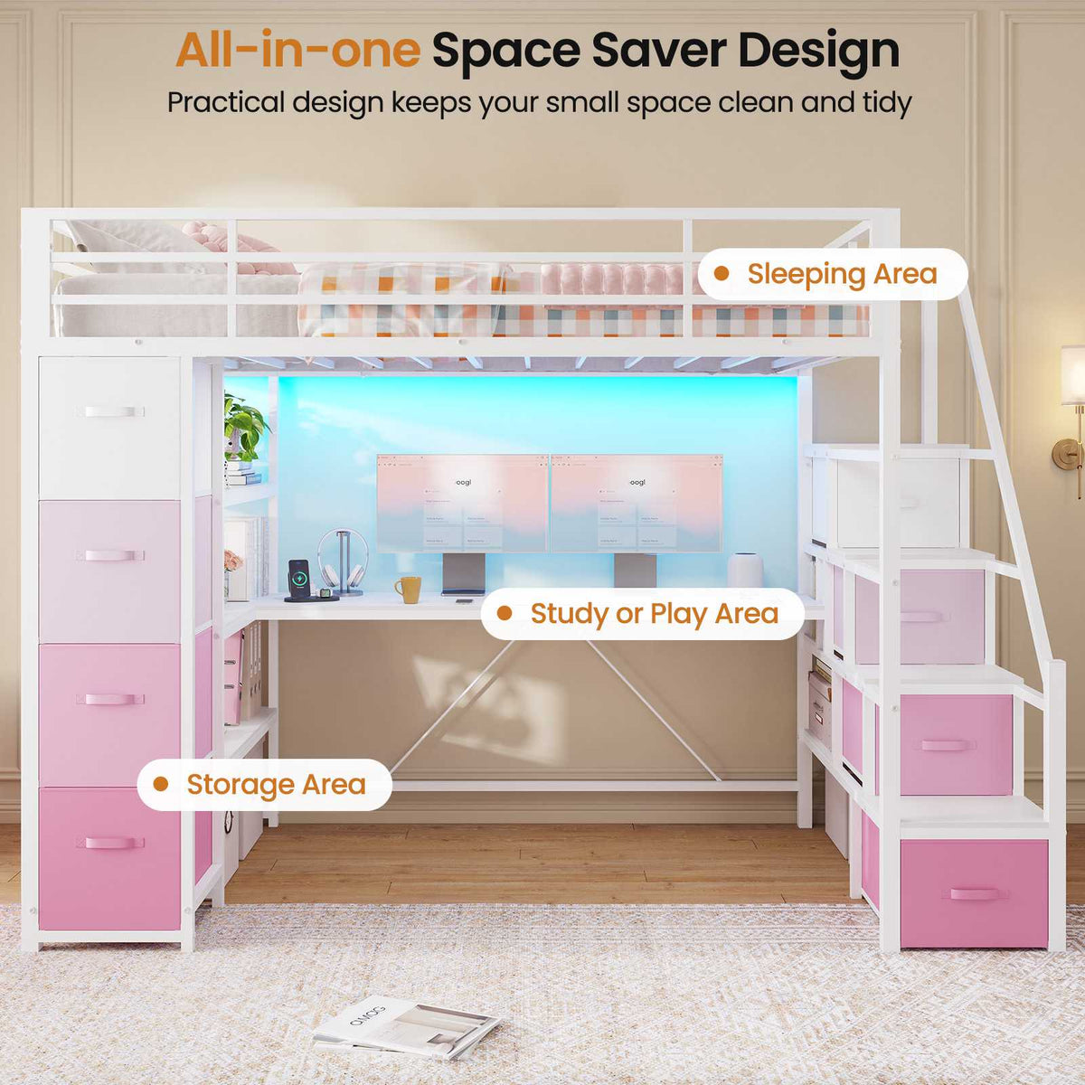DICTAC | Twin Loft Bed with Storage Stairs, L-Shaped Desk, LED Lights & 8 Drawers for Kids and Teens