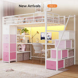 DICTAC | Twin Loft Bed with Storage Stairs, L-Shaped Desk, LED Lights & 8 Drawers for Kids and Teens