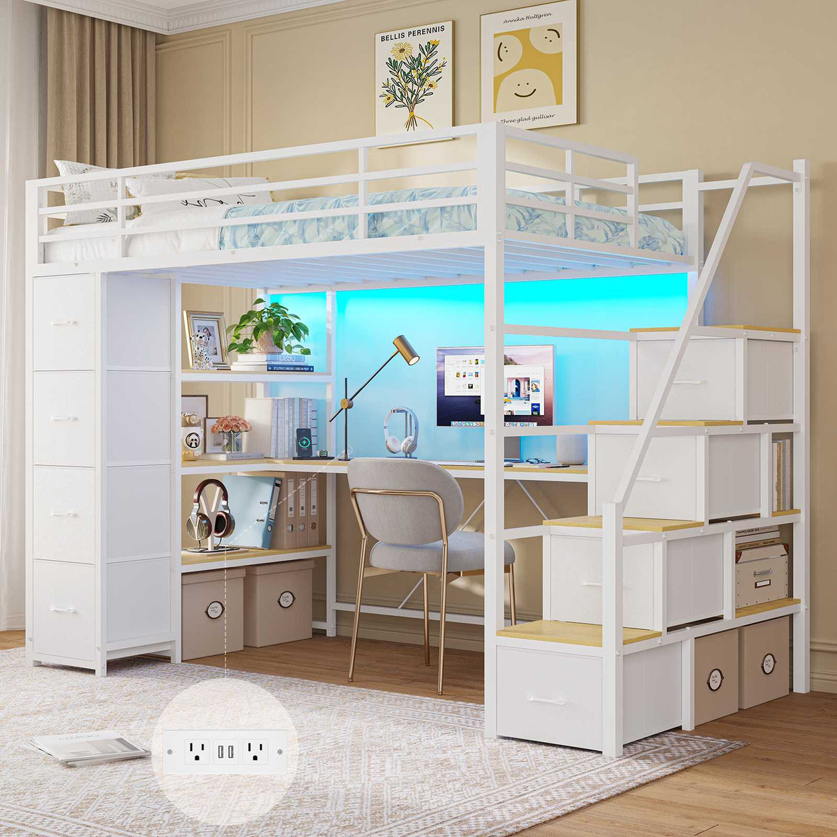DICTAC | Twin Loft Bed with Storage Stairs, L-Shaped Desk, LED Lights & 8 Drawers for Kids and Teens
