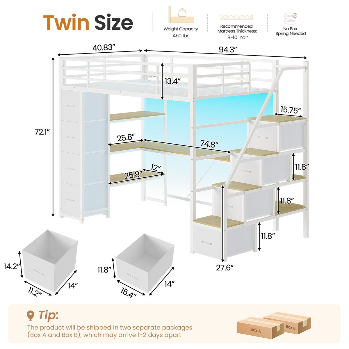 DICTAC | Twin Loft Bed with Storage Stairs, L-Shaped Desk, LED Lights & 8 Drawers for Kids and Teens