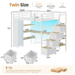 DICTAC | Twin Loft Bed with Storage Stairs, L-Shaped Desk, LED Lights & 8 Drawers for Kids and Teens