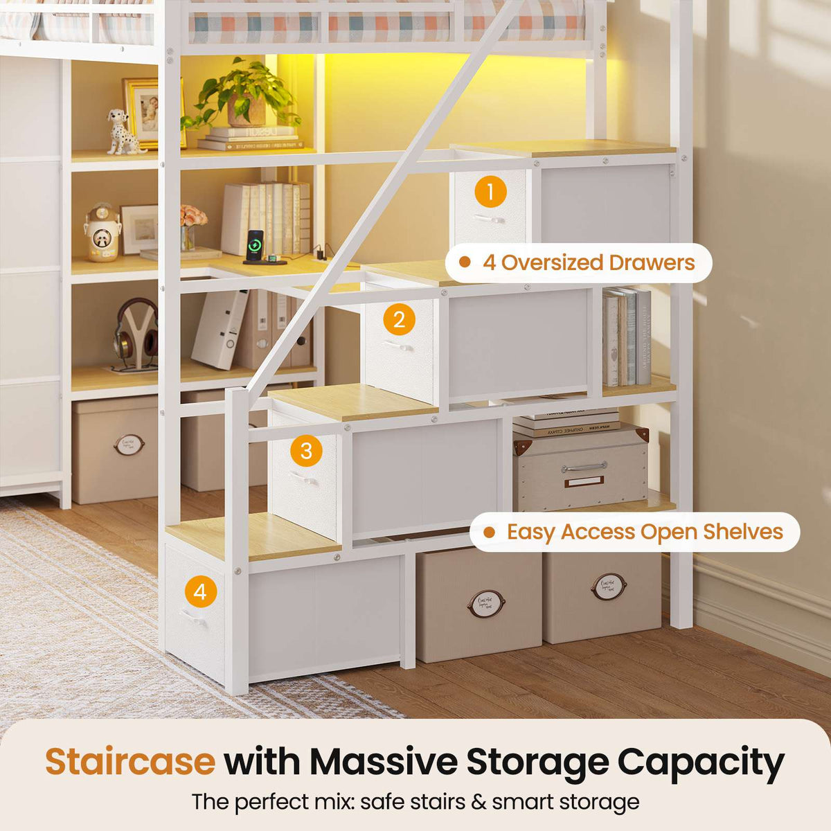 DICTAC | Twin Loft Bed with Storage Stairs, L-Shaped Desk, LED Lights & 8 Drawers for Kids and Teens