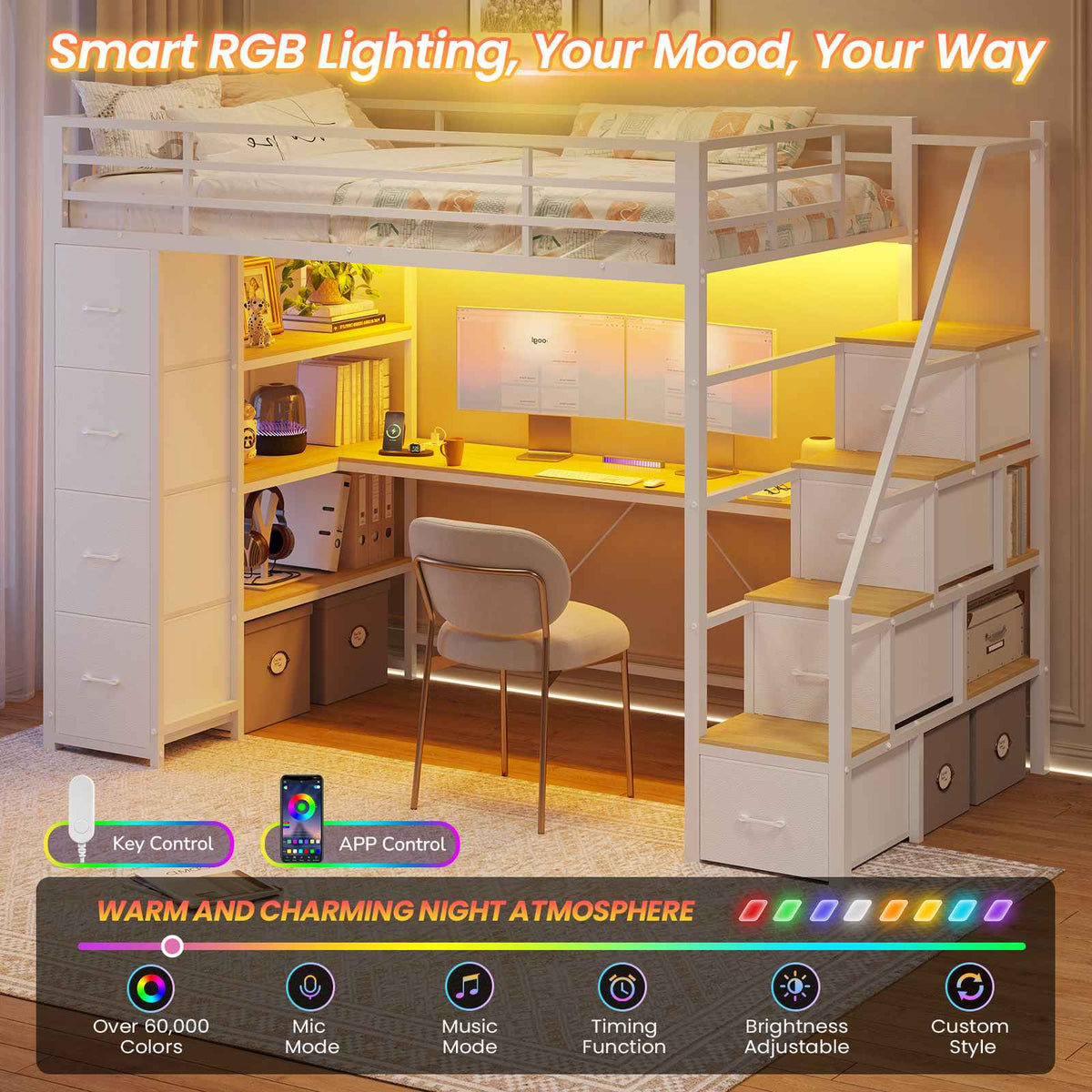DICTAC | Twin Loft Bed with Storage Stairs, L-Shaped Desk, LED Lights & 8 Drawers for Kids and Teens