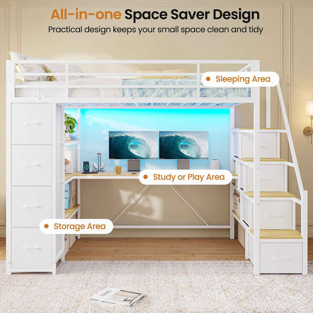 DICTAC | Twin Loft Bed with Storage Stairs, L-Shaped Desk, LED Lights & 8 Drawers for Kids and Teens