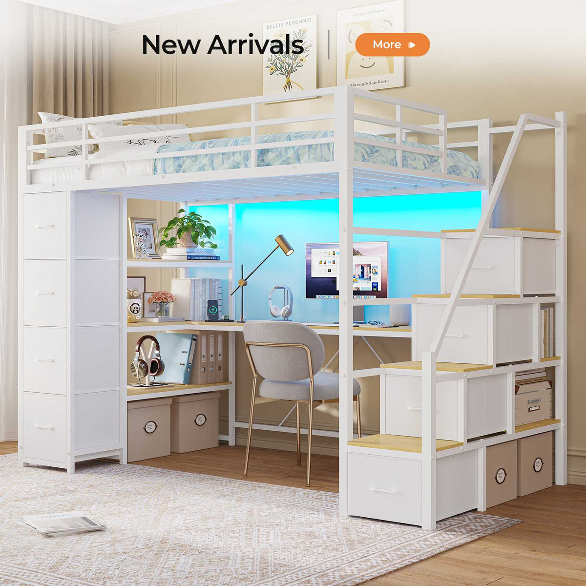 DICTAC | Twin Loft Bed with Storage Stairs, L-Shaped Desk, LED Lights & 8 Drawers for Kids and Teens