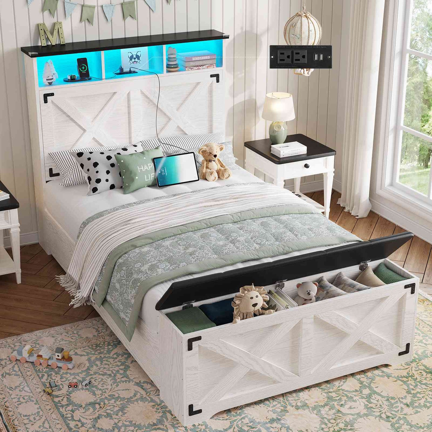 DICTAC | Farmhouse Bed Frame with Storage Headboard, LED Lights & Charging Station, Metal Platform Bed with Storage Ottoman for Kids & Teens, Antique White