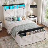 DICTAC | Farmhouse Bed Frame with Storage Headboard, LED Lights & Charging Station, Metal Platform Bed with Storage Ottoman for Kids & Teens, Antique White