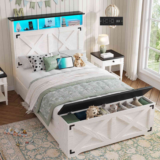 DICTAC | Farmhouse Bed Frame with Storage Headboard, LED Lights & Charging Station, Metal Platform Bed with Storage Ottoman for Kids & Teens, Antique White