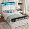 DICTAC | Farmhouse Bed Frame with Storage Headboard, LED Lights & Charging Station, Metal Platform Bed with Storage Ottoman for Kids & Teens, Antique White