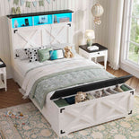 DICTAC | Farmhouse Bed Frame with Storage Headboard, LED Lights & Charging Station, Metal Platform Bed with Storage Ottoman for Kids & Teens, Antique White