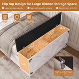 DICTAC | Farmhouse Bed Frame with Storage Headboard, LED Lights & Charging Station, Metal Platform Bed with Storage Ottoman for Kids & Teens, Antique White