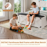 DICTAC | Farmhouse Bed Frame with Storage Headboard, LED Lights & Charging Station, Metal Platform Bed with Storage Ottoman for Kids & Teens, Antique White