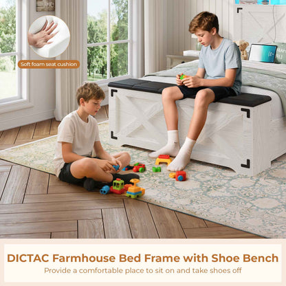 DICTAC | Farmhouse Bed Frame with Storage Headboard, LED Lights & Charging Station, Metal Platform Bed with Storage Ottoman for Kids & Teens, Antique White