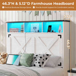DICTAC | Farmhouse Bed Frame with Storage Headboard, LED Lights & Charging Station, Metal Platform Bed with Storage Ottoman for Kids & Teens, Antique White