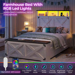 DICTAC | Farmhouse Bed Frame with Storage Headboard, LED Lights & Charging Station, Metal Platform Bed with Storage Ottoman for Kids & Teens, Antique White