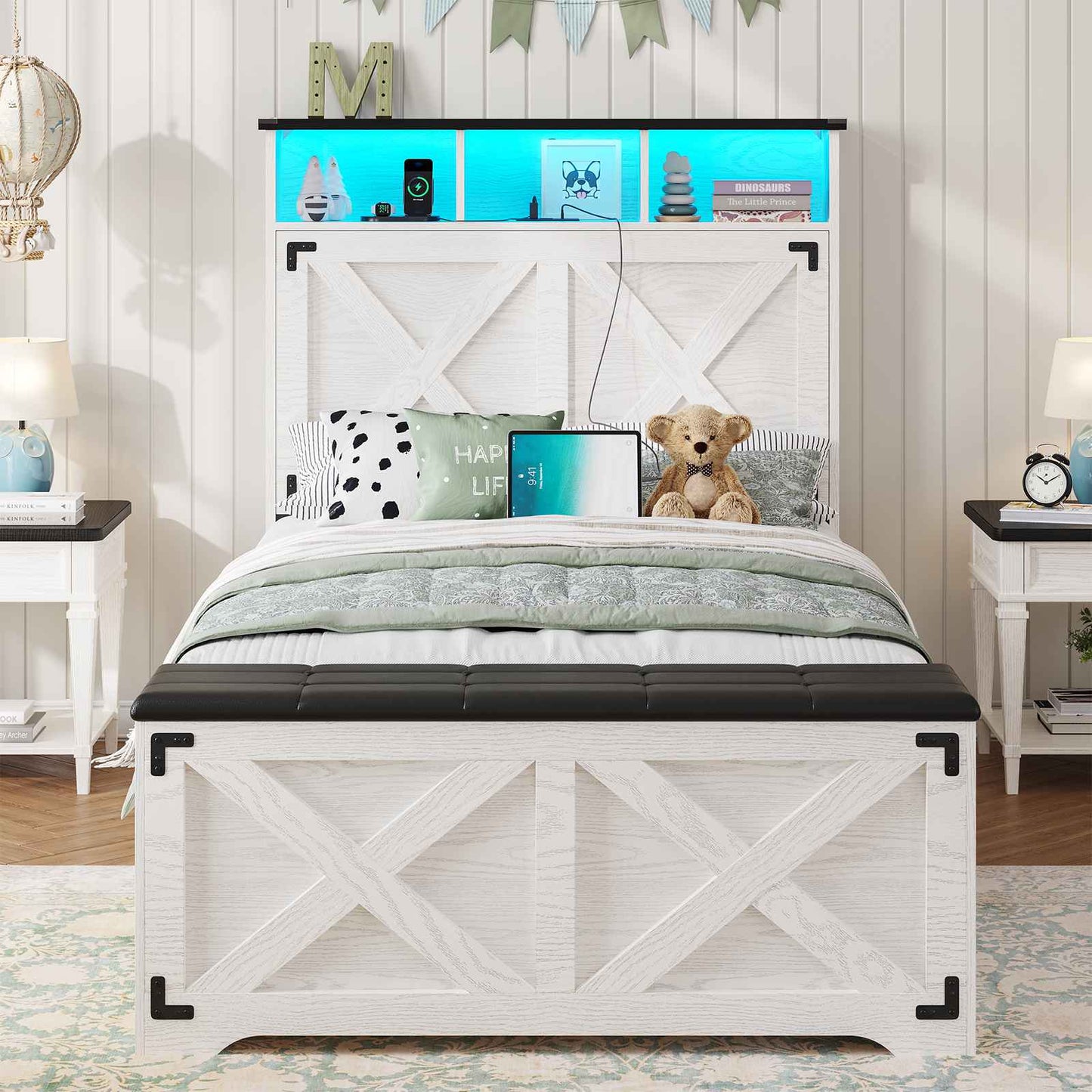DICTAC | Farmhouse Bed Frame with Storage Headboard, LED Lights & Charging Station, Metal Platform Bed with Storage Ottoman for Kids & Teens, Antique White