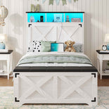 DICTAC | Farmhouse Bed Frame with Storage Headboard, LED Lights & Charging Station, Metal Platform Bed with Storage Ottoman for Kids & Teens, Antique White