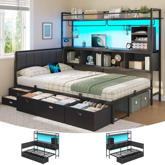 DICTAC | Twin Corner Bed Frame with Tall Storage Bookshelf & 5 Drawers – Metal Platform Bed with LED Lights and Charging Station for Kids & Teens, black