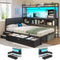 DICTAC | Twin Corner Bed Frame with Tall Storage Bookshelf & 5 Drawers – Metal Platform Bed with LED Lights and Charging Station for Kids & Teens, black