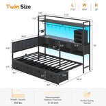 DICTAC | Twin Corner Bed with Tall Bookshelf, 5 Storage Drawers, Charging Station & LED Lights - Black