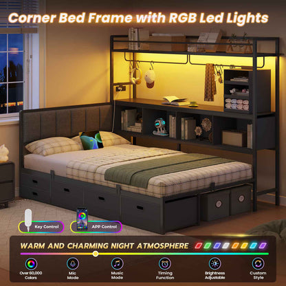 DICTAC | Twin Corner Bed Frame with Tall Storage Bookshelf & 5 Drawers – Metal Platform Bed with LED Lights and Charging Station for Kids & Teens, black