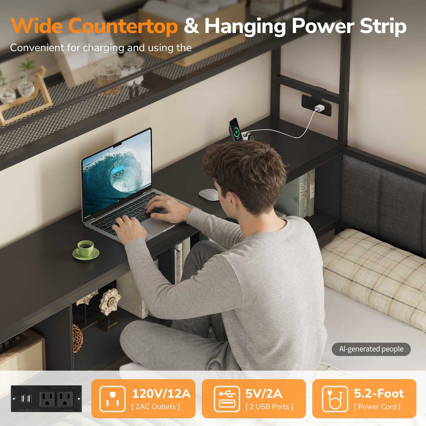 DICTAC | Twin Corner Bed Frame with Tall Storage Bookshelf & 5 Drawers – Metal Platform Bed with LED Lights and Charging Station for Kids & Teens, black