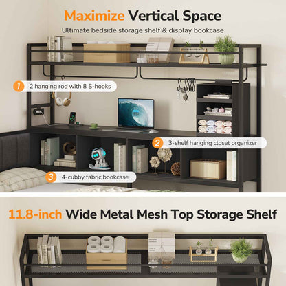 DICTAC | Twin Corner Bed Frame with Tall Storage Bookshelf & 5 Drawers – Metal Platform Bed with LED Lights and Charging Station for Kids & Teens, black
