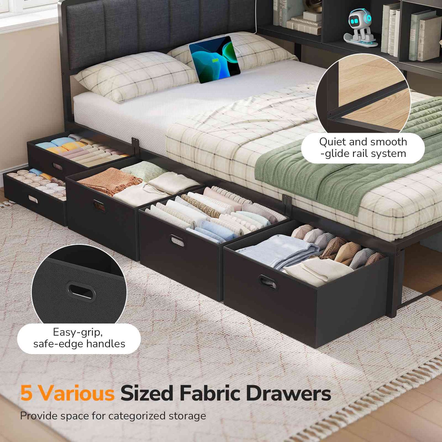 DICTAC | Twin Corner Bed Frame with Tall Storage Bookshelf & 5 Drawers – Metal Platform Bed with LED Lights and Charging Station for Kids & Teens, black
